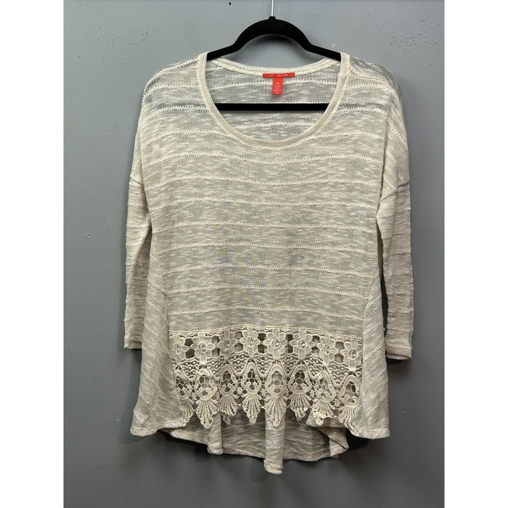 Chelsea & Violet Sweater Tunic Womens Medium White Crochet Hem Sheer Knit Boho
